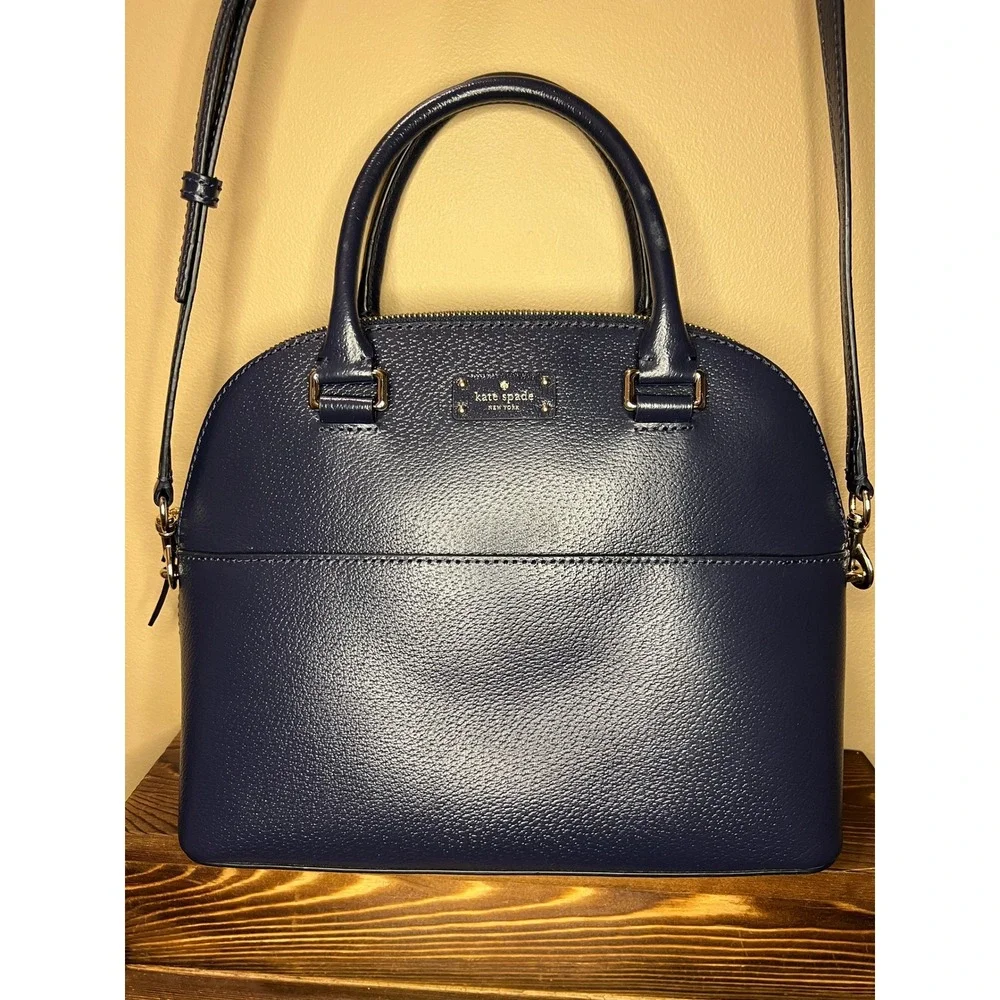 Kate Spade Navy Leather Satchel Top Handle Crossbody Bag Classic Structured Purs